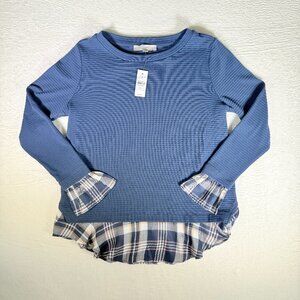 LOFT Plaid Layered Mixed Media Rib Tunic Top Womens M Blue Ruffle Hem Medium NWT